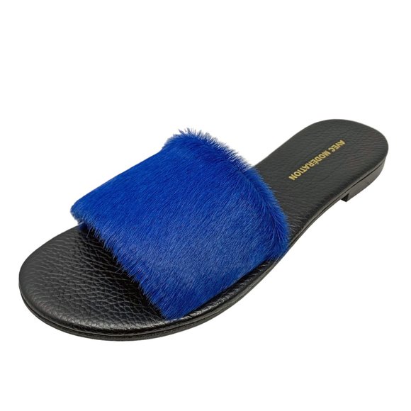 AVEC MODÉRATION Bora Bora Royal Blue Pony Hair Leather Slides - Picture 2 of 11